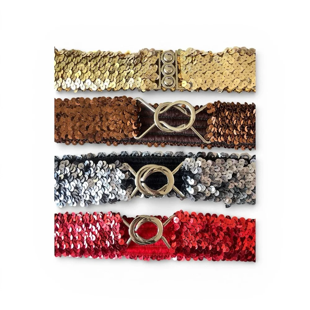 Vintage Sequin stretch Belts Gold, Brown, Silver, Red retro